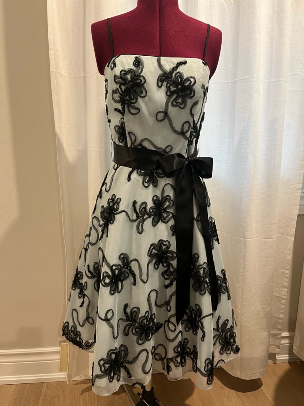Black & Pale Blue Floral Overlay Party/Prom Dress with Satin Ribbon